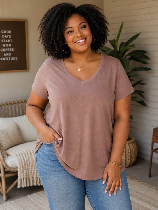 Ava & Viv Tops - Ava & Viv Mauve V Neck Tee 2X Essential Basic